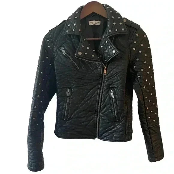 Glamorous Faux Leather Studded Moto Jacket XS | Black Biker Chic Street Style - Picture 6 of 11